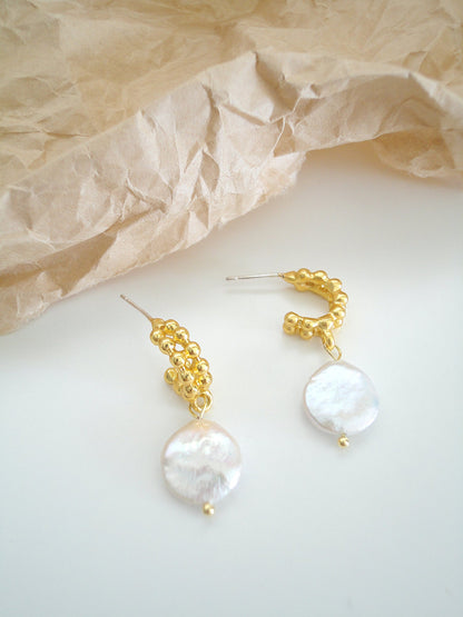 Gold Plated Curve with Flat Baroque Freshwater Pearl Stud Earrings