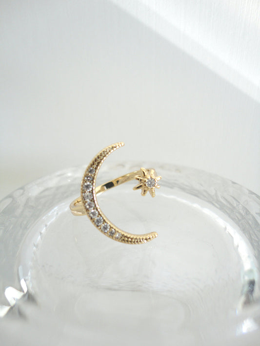 Golden Diamante Moon and Star Ring