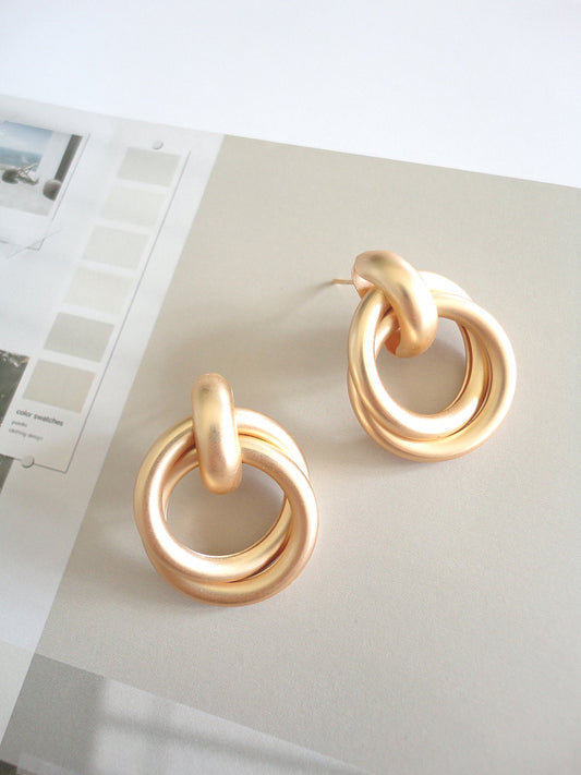 Golden Matte Double Ring Stud Earrings