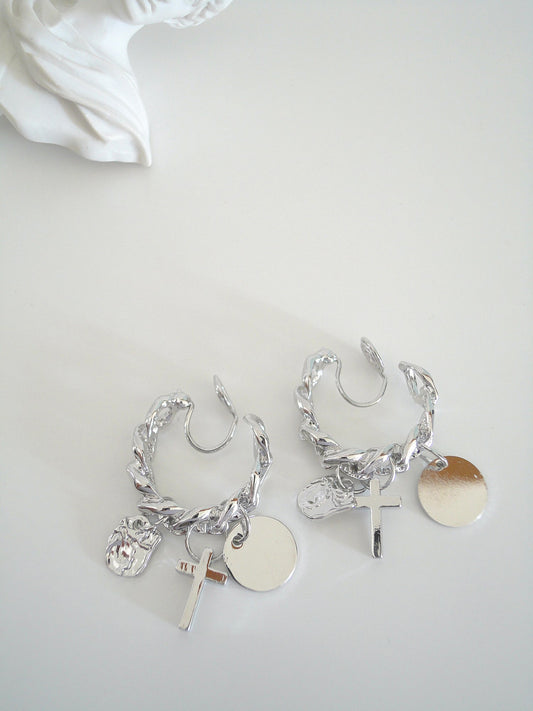 Silver Chain with Cross Clip On Earrings