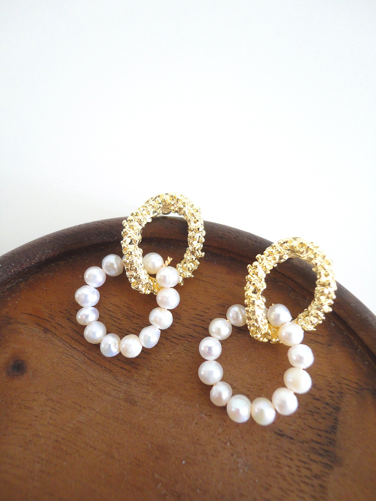 Golden Textured with Freshwater Pearl Stud Earrings