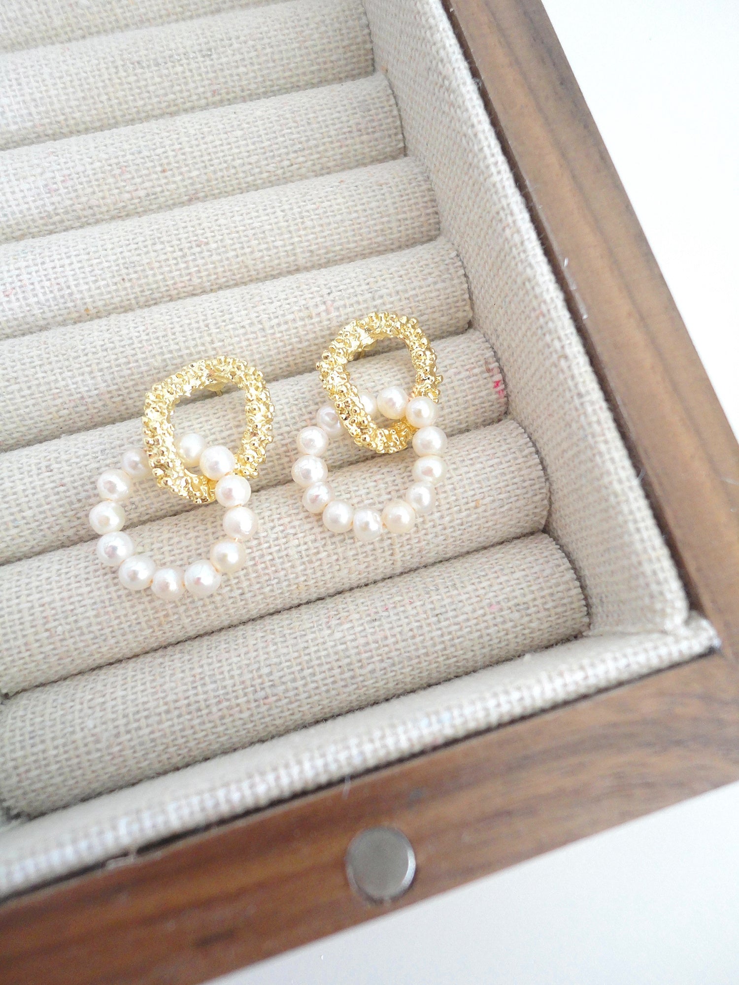 Golden Textured with Freshwater Pearl Stud Earrings