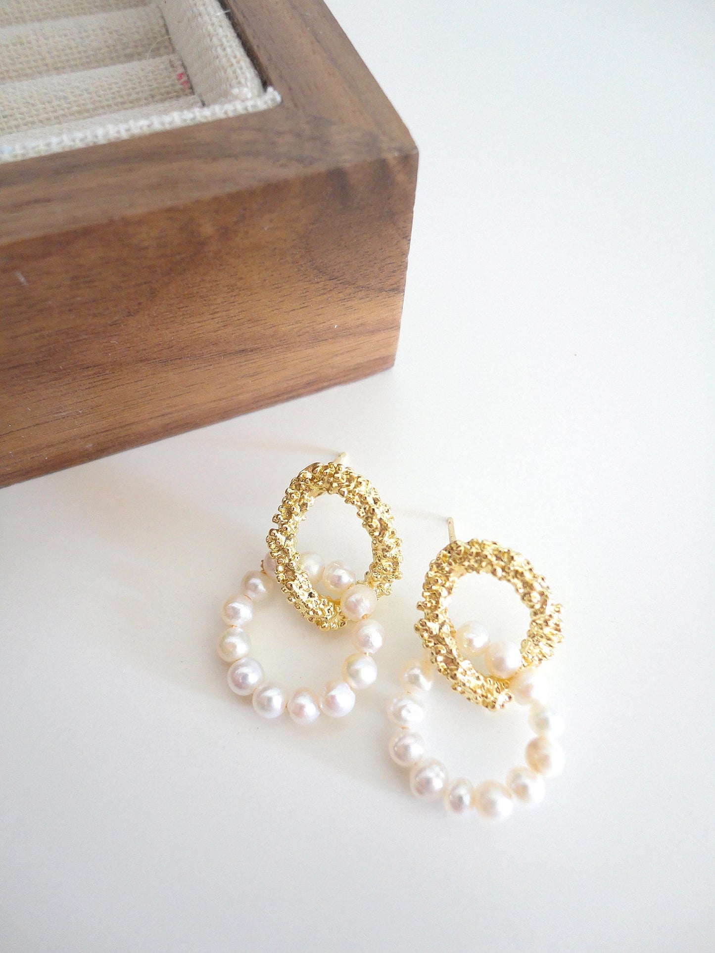 Golden Textured with Freshwater Pearl Stud Earrings