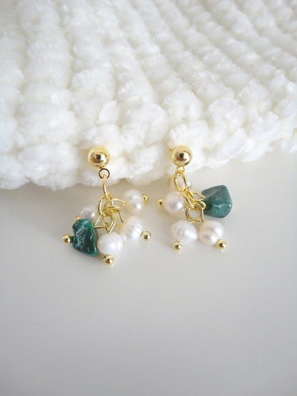 Baroque Pearl Green Stone Drop Earrings