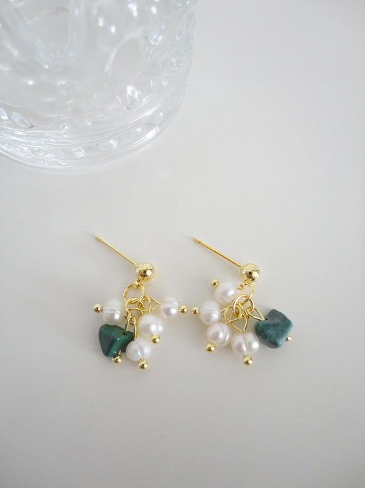 Baroque Pearl Green Stone Drop Earrings