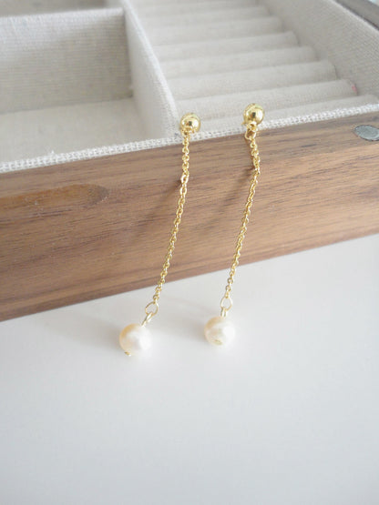 Freshwater Pearl Long Chain Drop Earrings 7-8mm