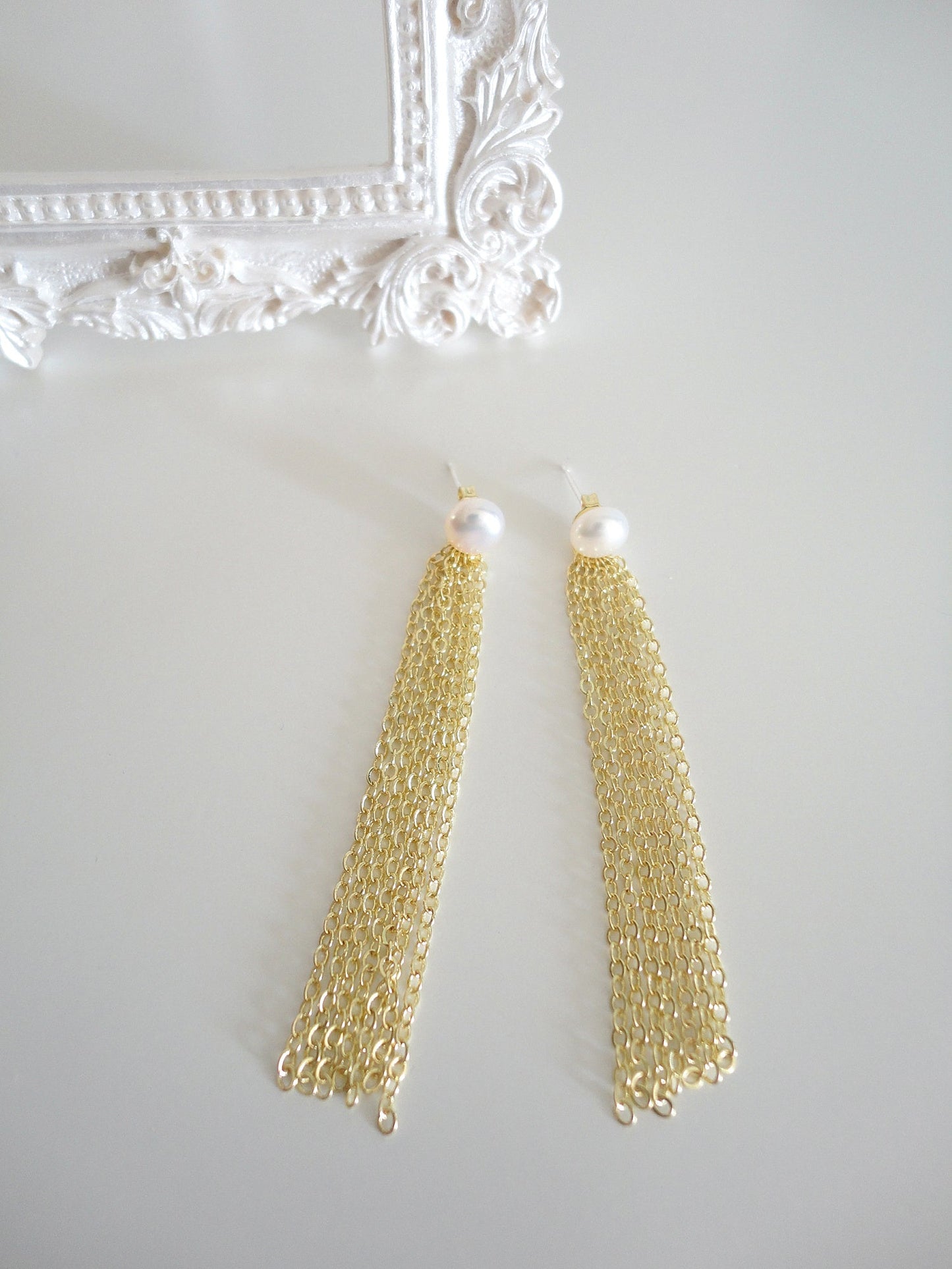 Freshwater Pearl with Golden Long Chain Tassel Drop Earrings