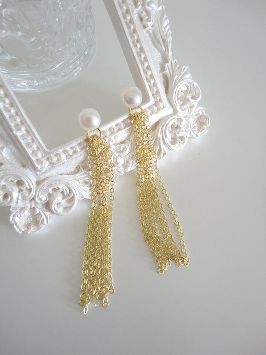 Freshwater Pearl with Golden Long Chain Tassel Drop Earrings