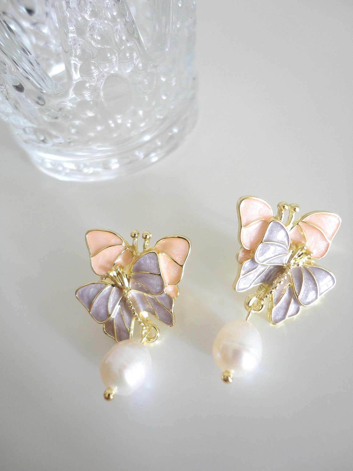 Purple Pink Double Butterfly Freshwater Pearl Stud Earrings