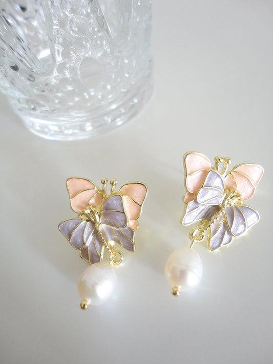 Purple Pink Double Butterfly Freshwater Pearl Stud Earrings