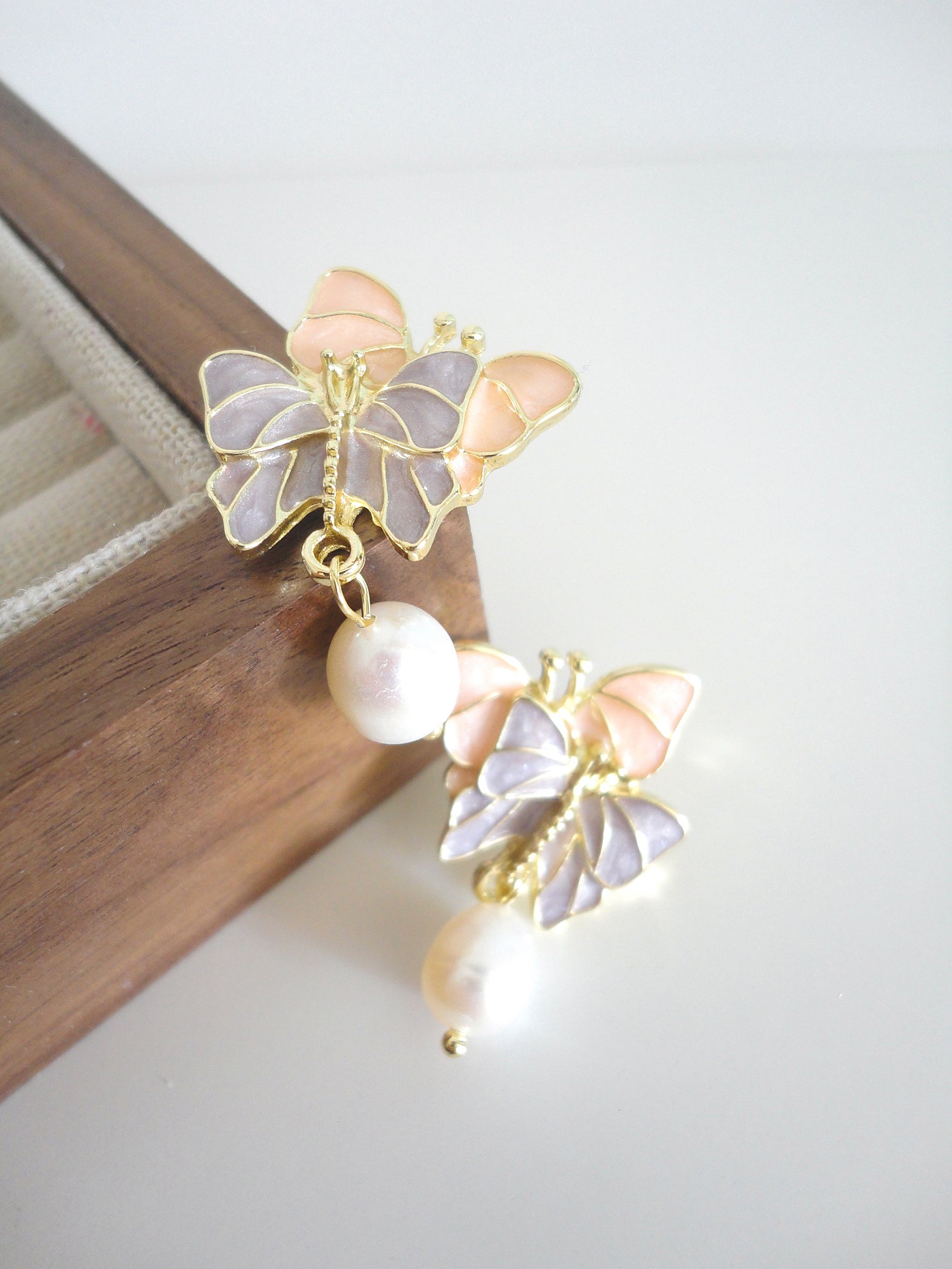 Purple Pink Double Butterfly Freshwater Pearl Stud Earrings