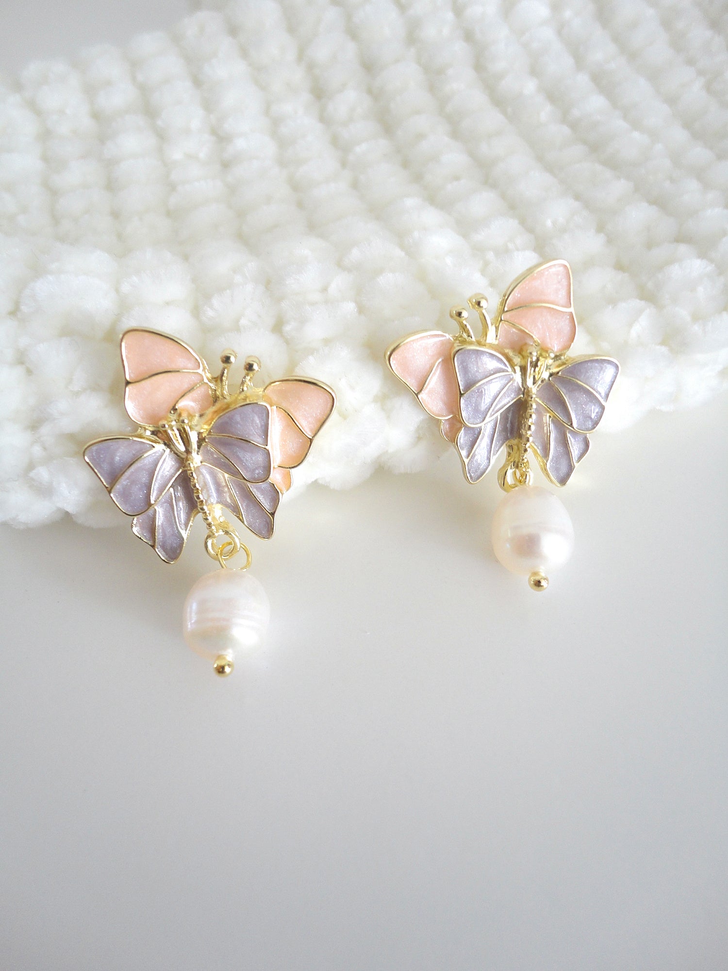 Purple Pink Double Butterfly Freshwater Pearl Stud Earrings. pearl clip-on earrings for women.