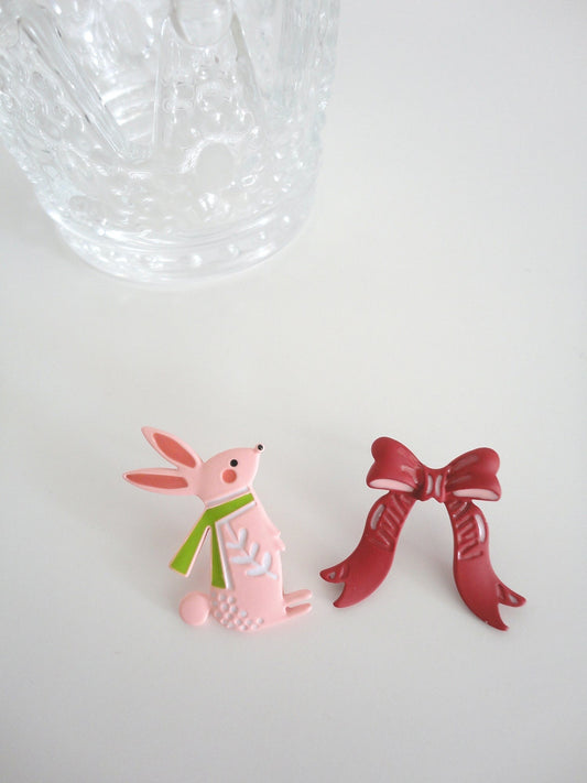 Pink Rabbit and Bow Stud Earrings