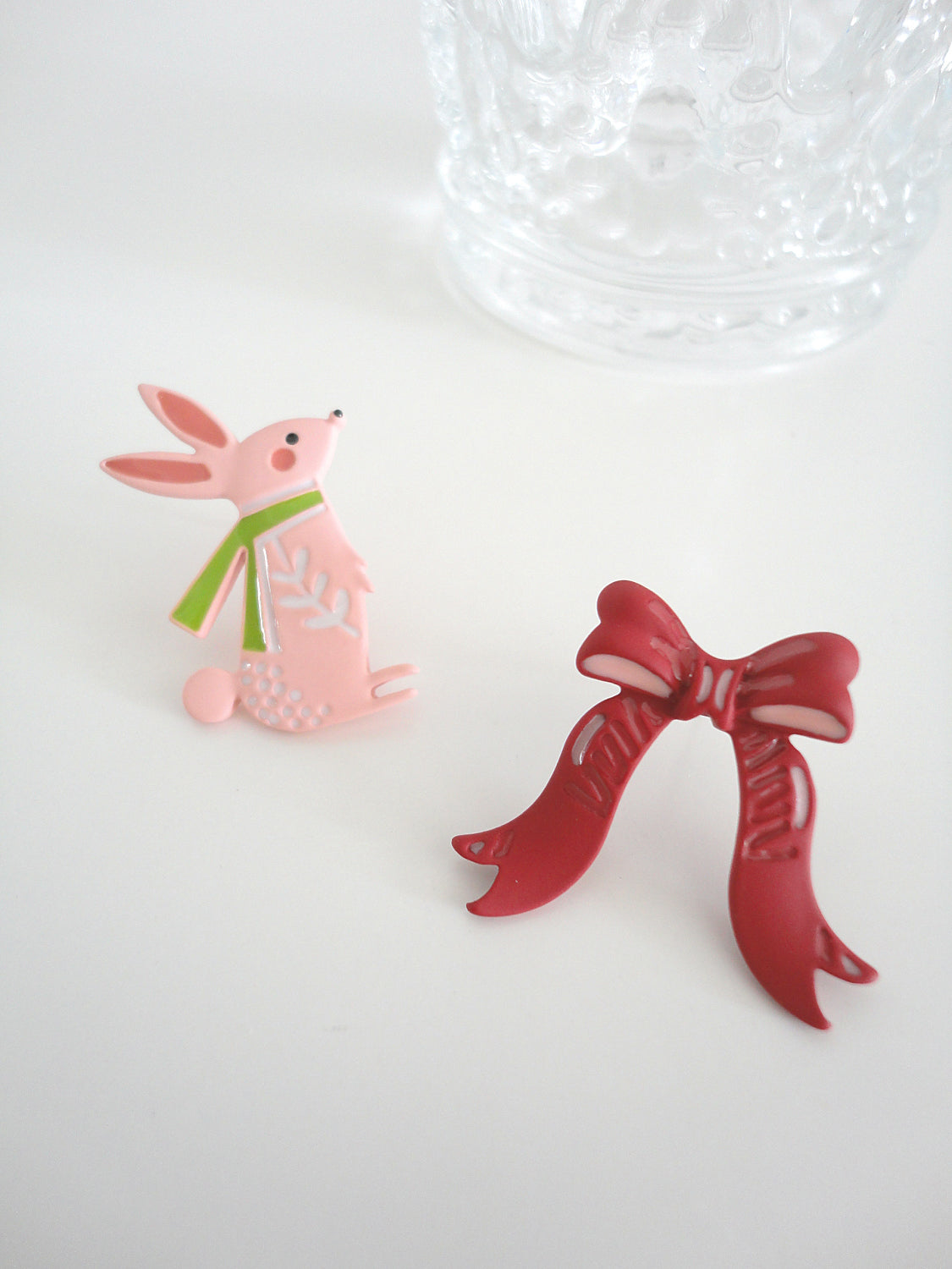 Pink Rabbit and Bow Stud Earrings