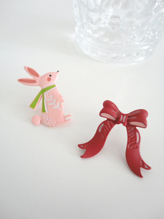 Pink Rabbit and Bow Stud Earrings