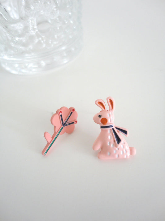 Pink Rabbit and Tree Stud Earrings