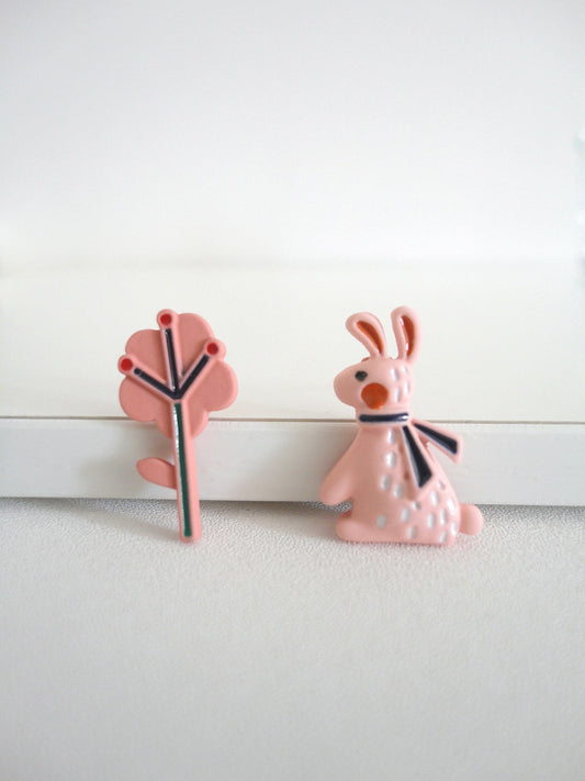 Pink Rabbit and Tree Stud Earrings