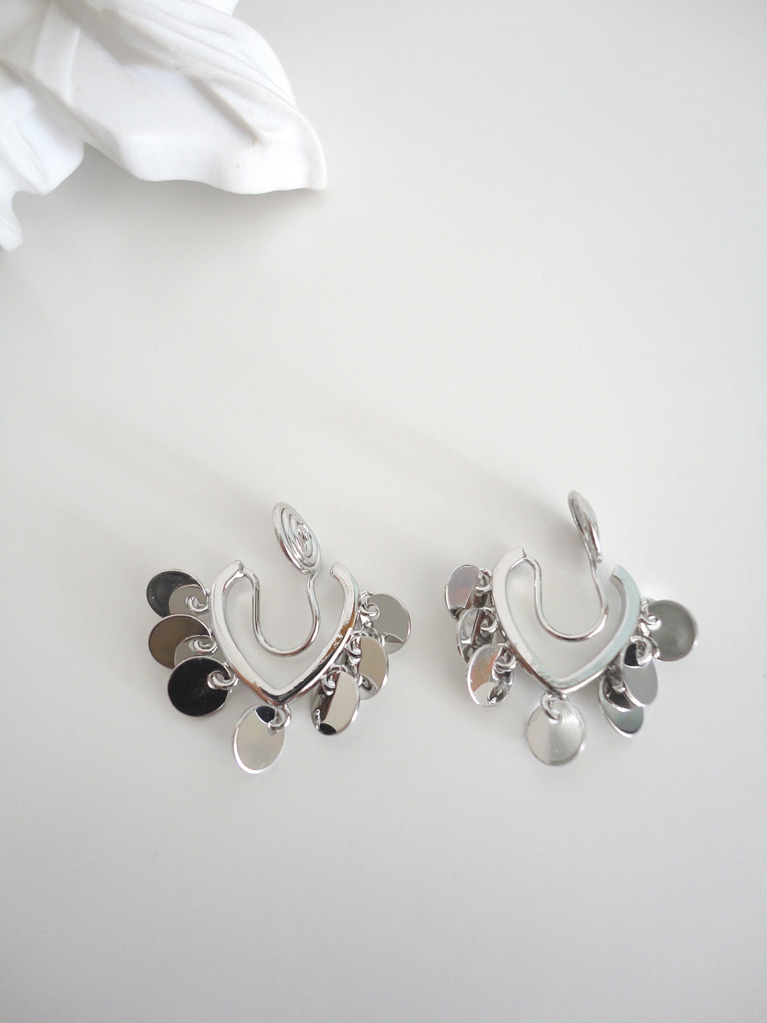 Silver Heart Shape with Tiny Discs Clip On Earrings. silver-tone clip-on earrings for women.