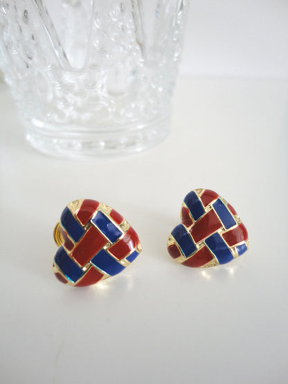 Red and Blue Weave Textured Heart Clip On Earrings