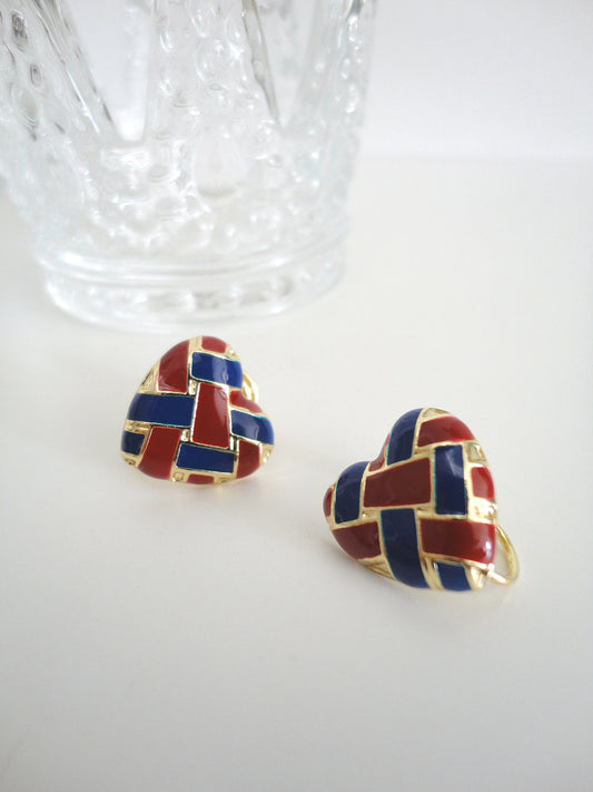 Red and Blue Weave Textured Heart Clip On Earrings