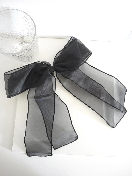 Black Organza Super Bow French Barrette. Handmade clip-on earrings for women.