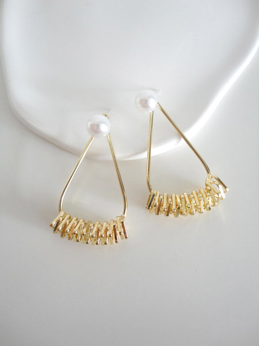 Pearl and Golden Textured Triangle Drop Earrings