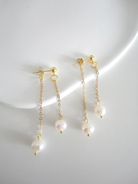 Double Chain with Freshwater Pearl Drop Earrings