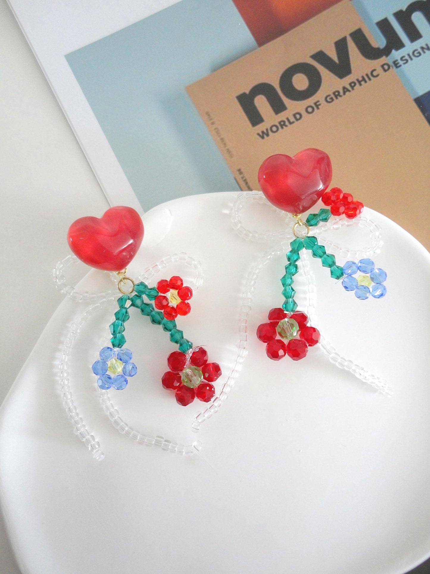 Acrylic Heart with Beads Drop Earrings. vintage clip-on earrings for women.