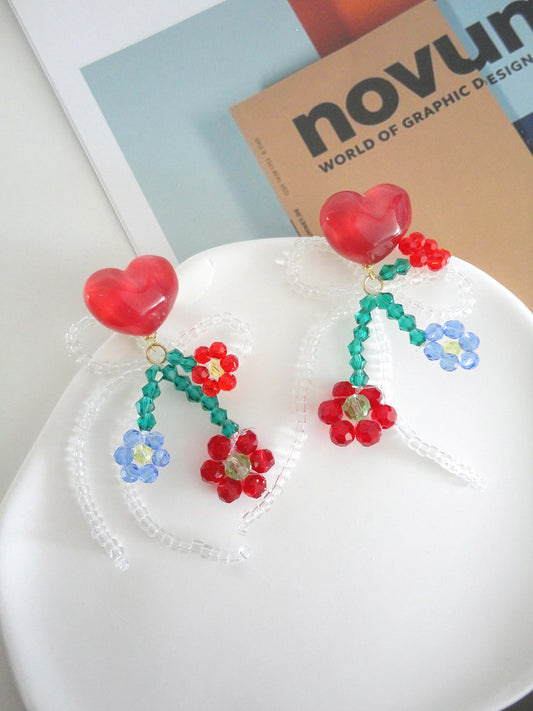 Acrylic Heart with Beads Drop Earrings