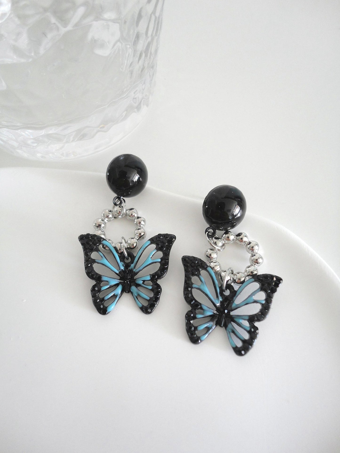 Black and Blue Butterfly Drop Earrings