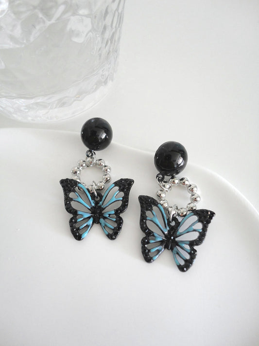 Black and Blue Butterfly Drop Earrings