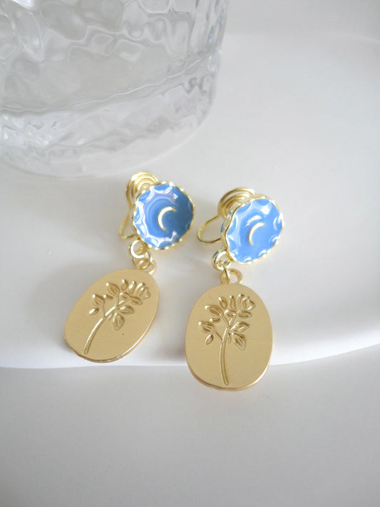 Blue Moon with Golden Rose Clip On Earrings