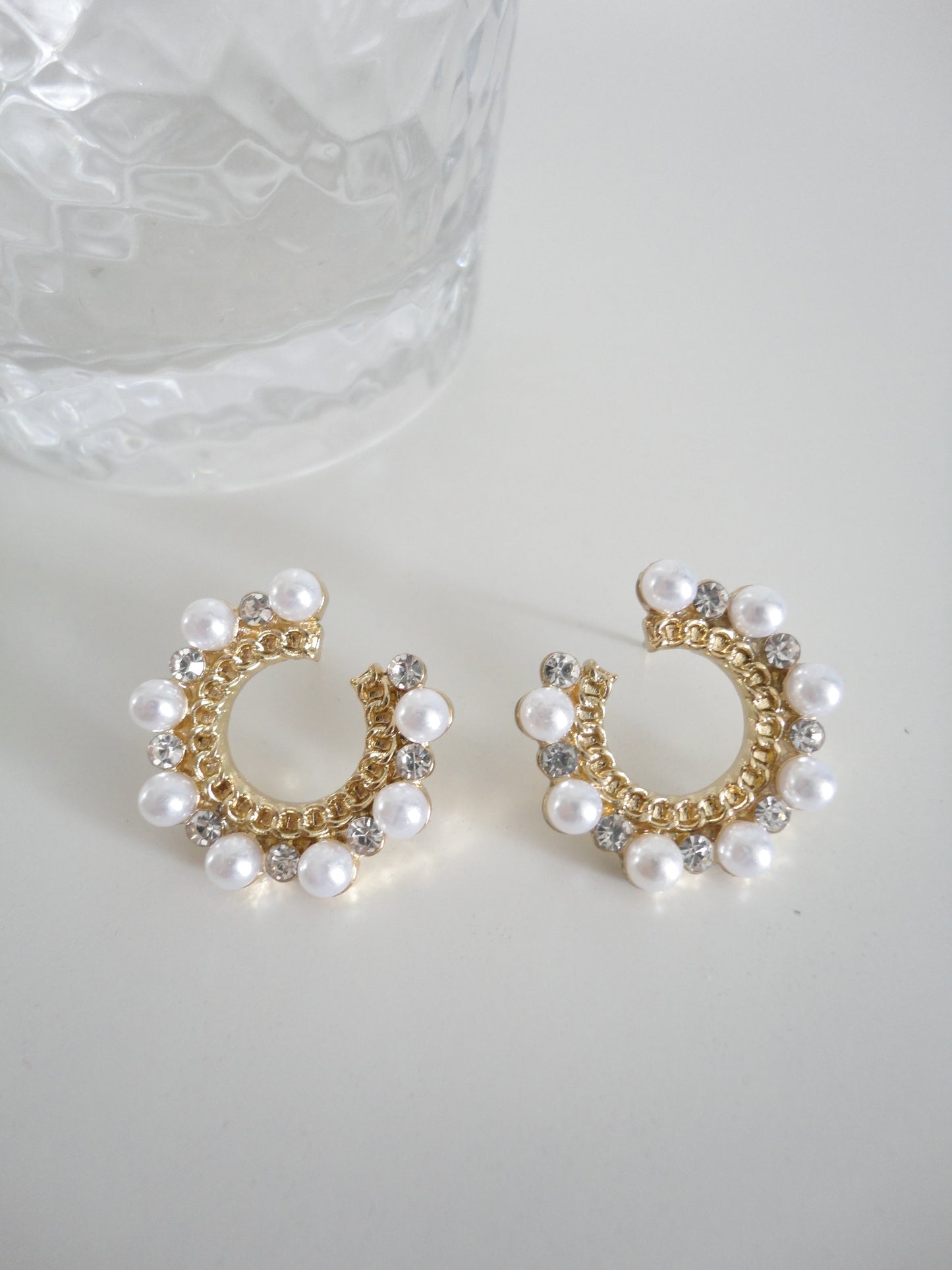 Golden Pearlised C Curve Diamante Stud Earrings