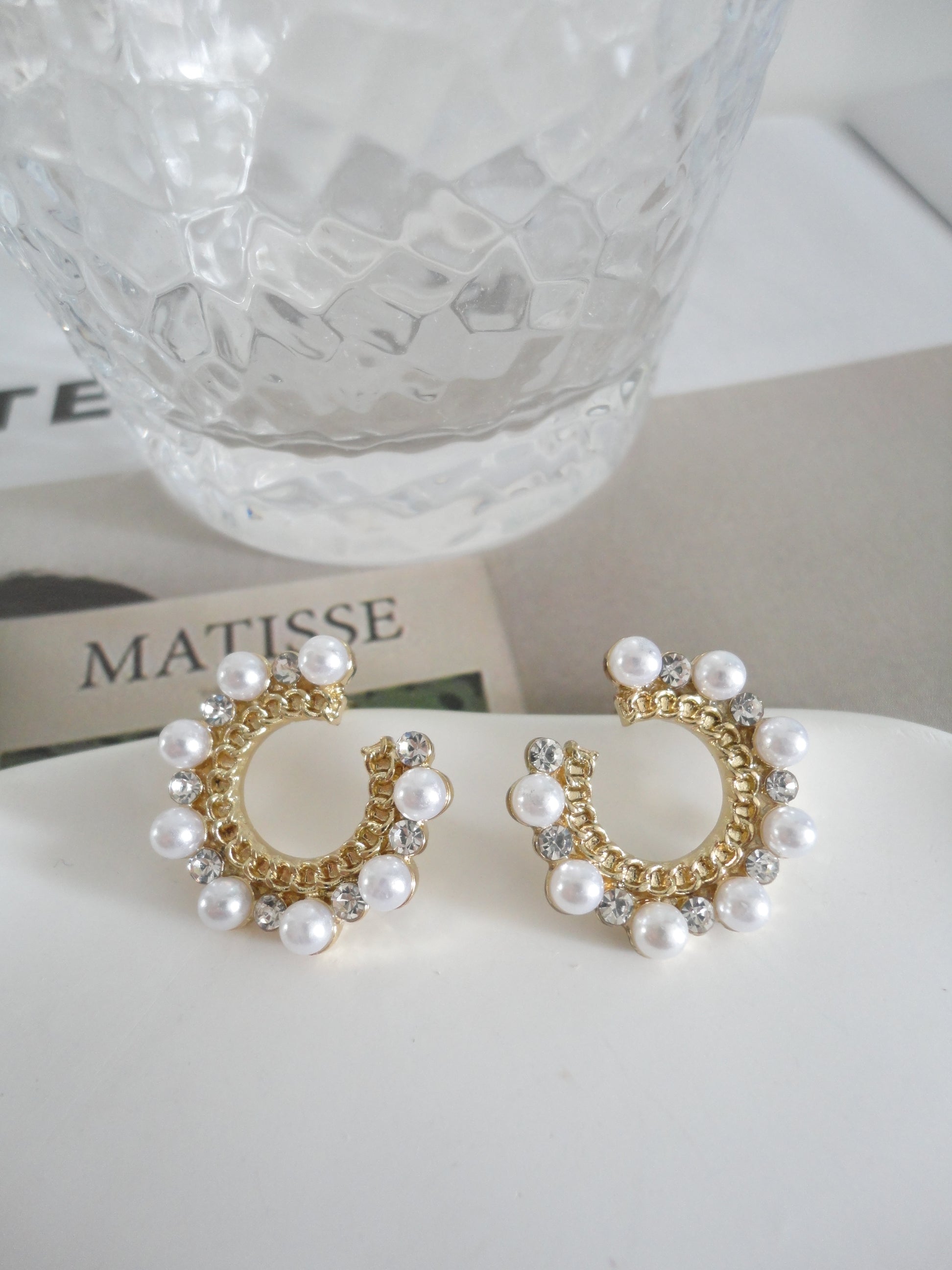 Golden Pearlised C Curve Diamante Stud Earrings