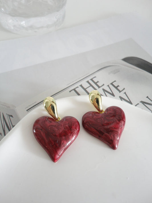 Golden Metal Wine Red Heart Drop Earrings