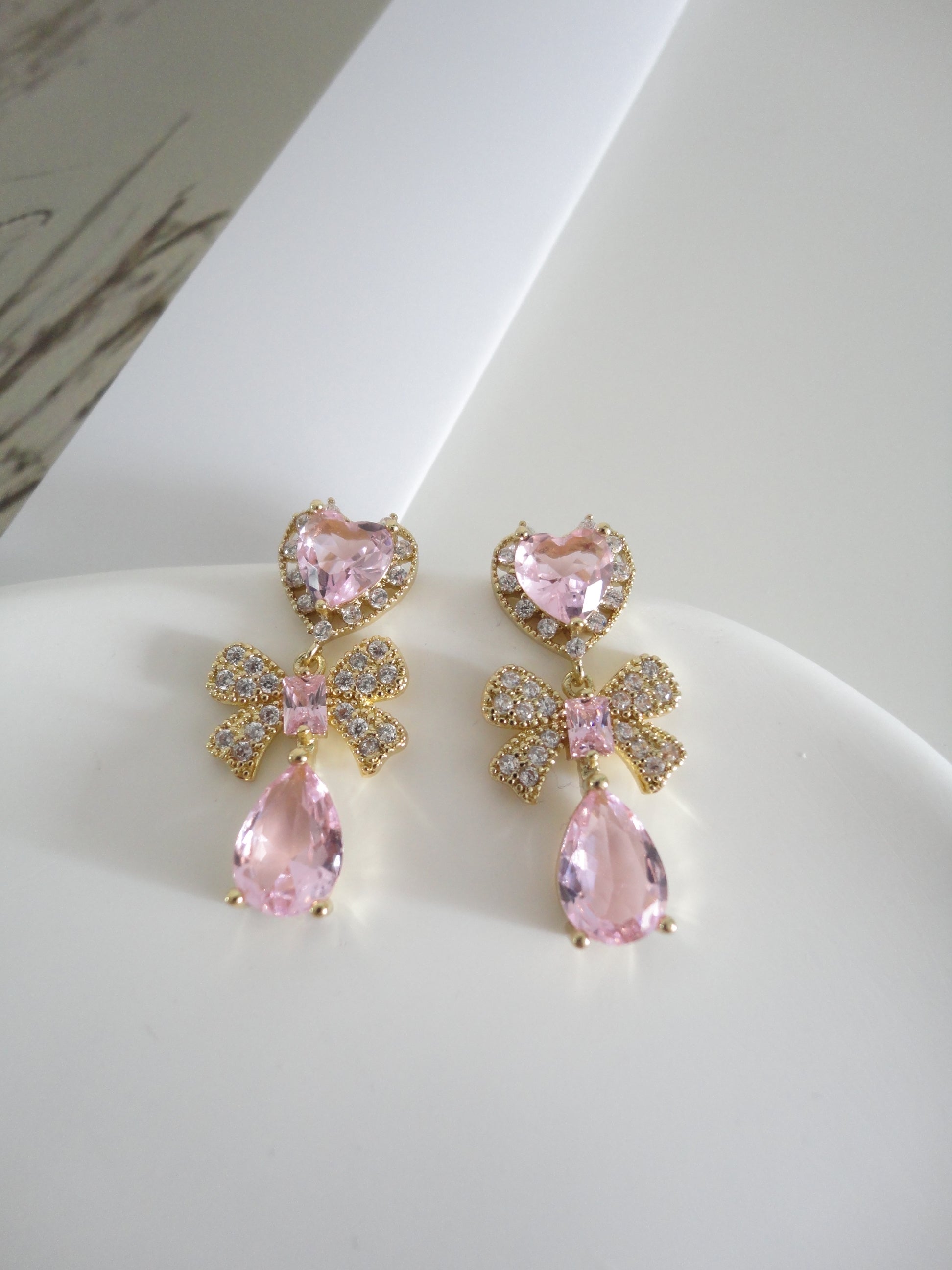 Golden Pink Heart Zircon Bow Drop Earrings