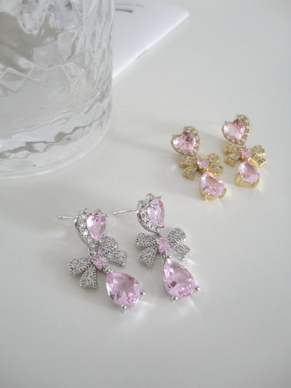 Golden Pink Heart Zircon Bow Drop Earrings