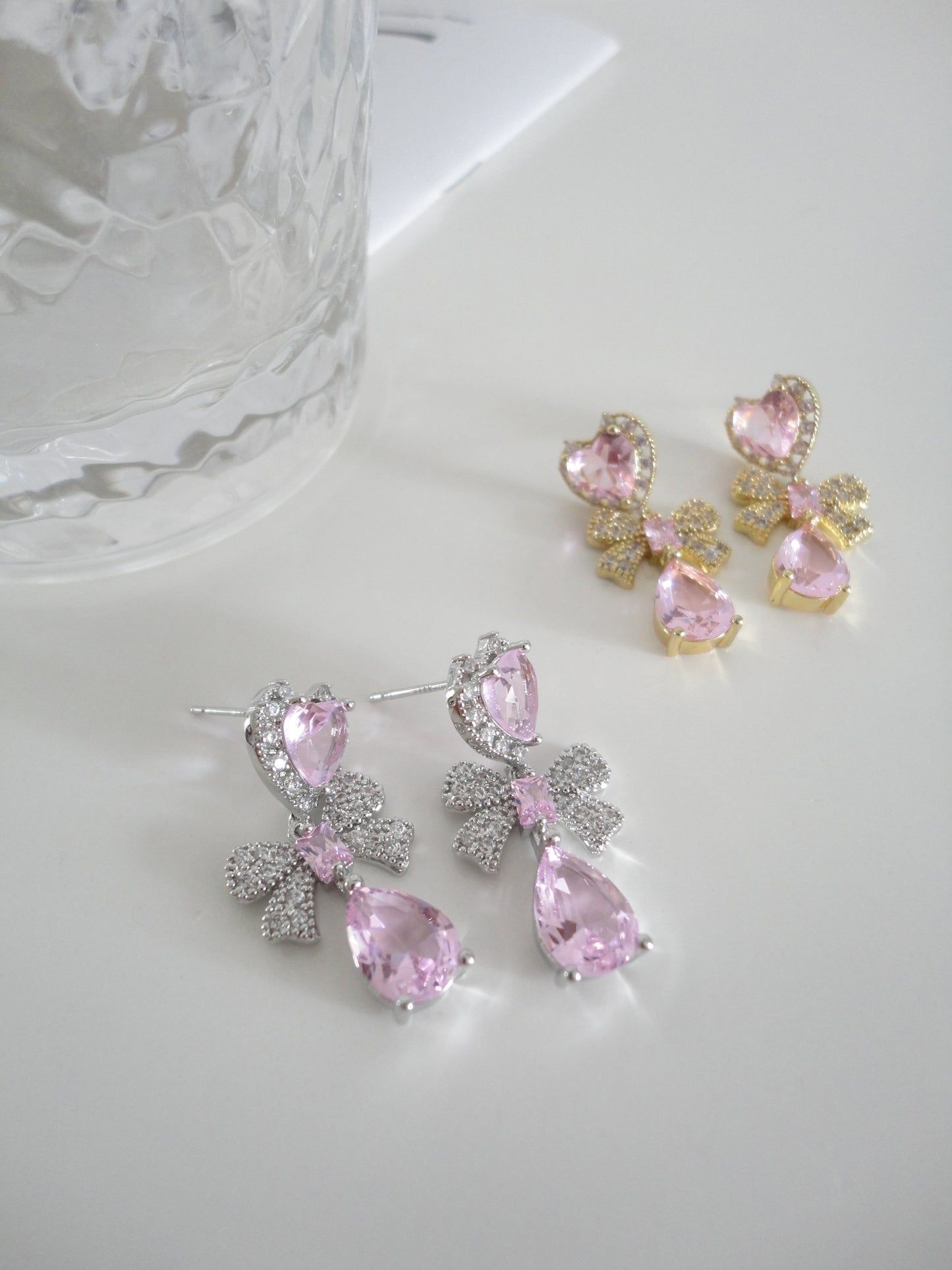 Silver Pink Heart Zircon Bow Drop Earrings