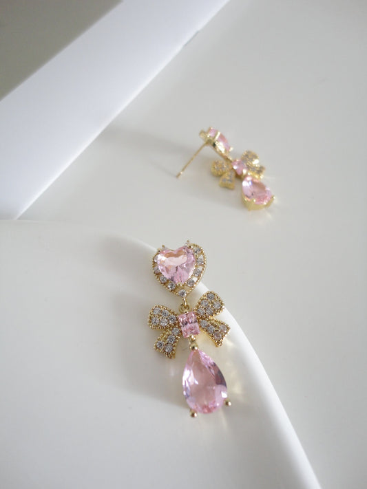 Golden Pink Heart Zircon Bow Drop Earrings