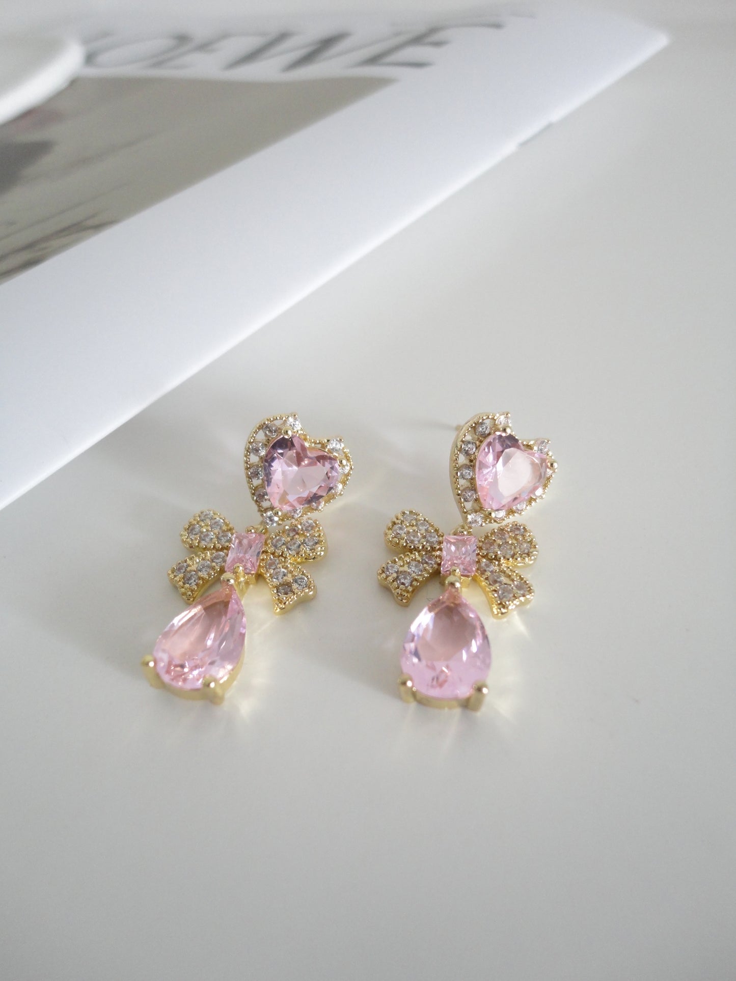 Golden Pink Heart Zircon Bow Drop Earrings