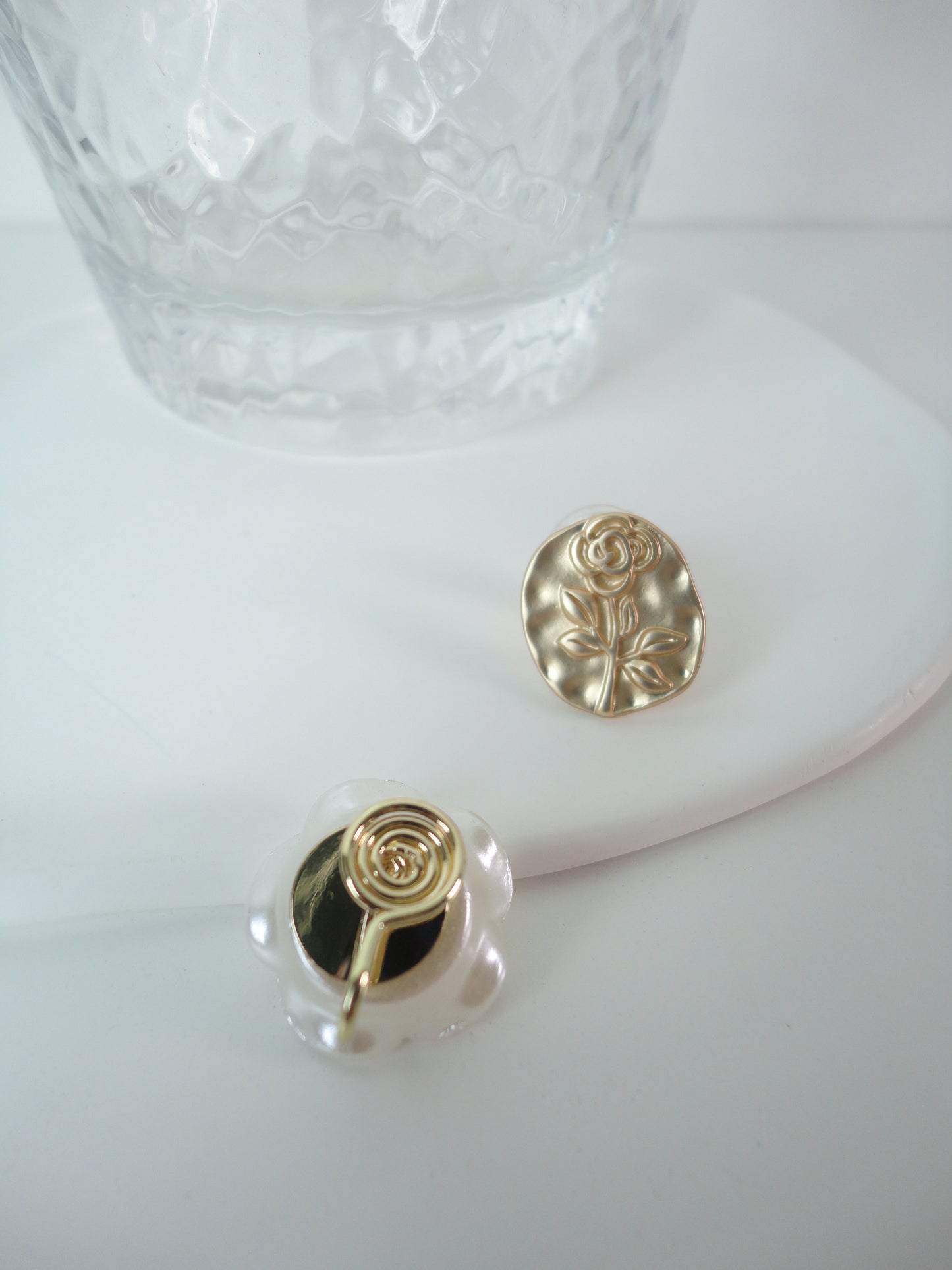 Large Camellia and Rose Mismatch Clip On Earrings