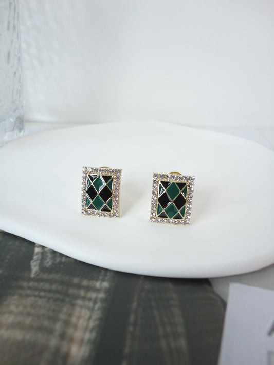 Green Square Grid Diamante Clip On Earrings
