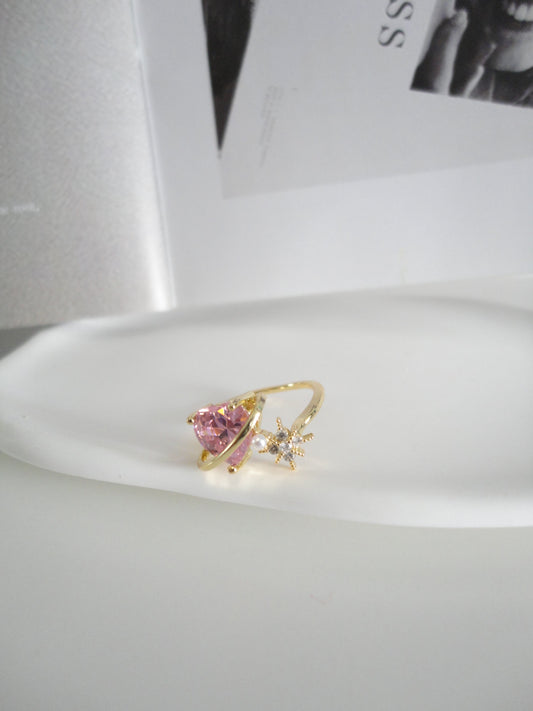 Pink Heart and Stars Zircon Ring. Handmade clip-on earrings for women.