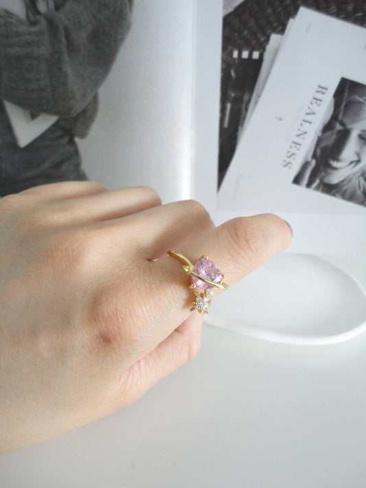 Pink Heart and Stars Zircon Ring