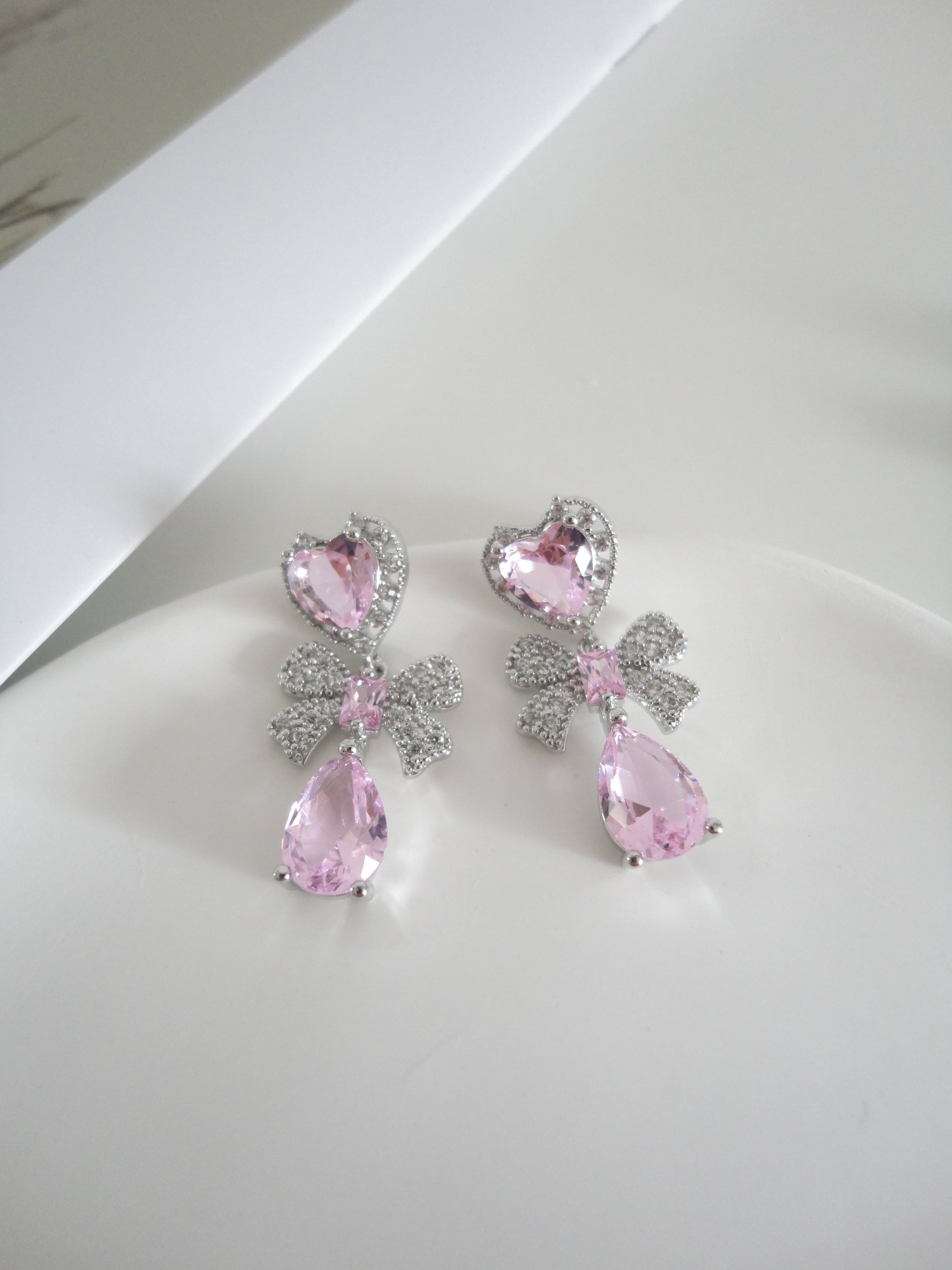 Silver Pink Heart Zircon Bow Drop Earrings