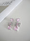 Silver Pink Heart Zircon Bow Drop Earrings