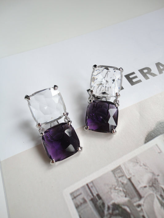 Transparent and Purple Square Zircon Drop Earrings