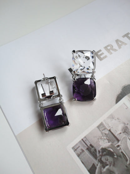 Transparent and Purple Square Zircon Drop Earrings