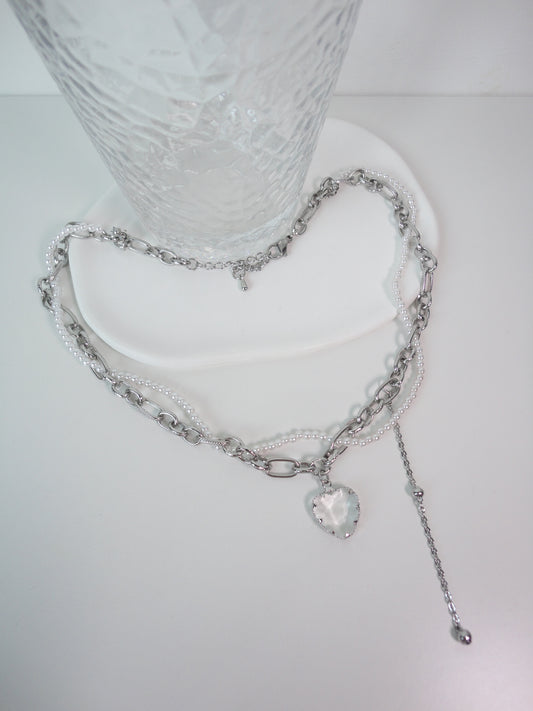 Crystal Heart Pearlised and Chain Tassel Necklace