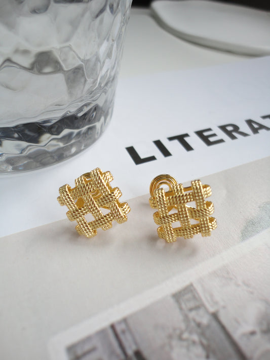 Golden Square Textured Clip On Earrings